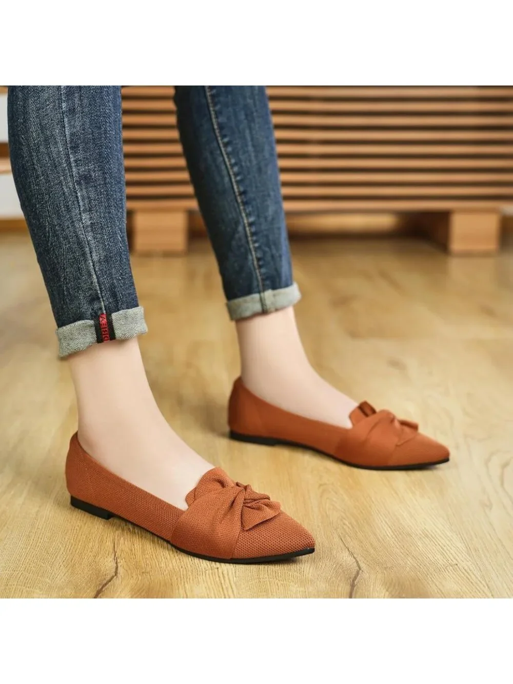 Women's Brown Pointed Toe Ballet Flats with Bow Comfortable Knit Dressy Shoes